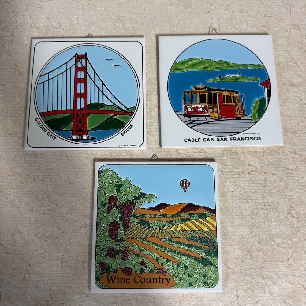 Vintage 80's San‎ Francisco Ceramic Wall Art Golden Gate Cable Car Vasil & Black